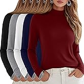 Velvelhall 5 Pack Women's Cotton Mock Turtleneck Long Sleeve T-Shirts, Basic Tops Slim Fitted Stretch Underwear Layer Tee