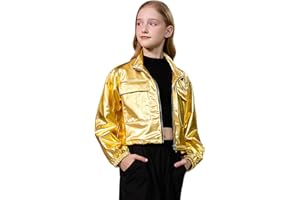 Perfashion Girls Metallic Cropped Bomber Jacket Zip Up Cargo Jacket Sparkly Lightweight Coat Windbreaker with Pockets