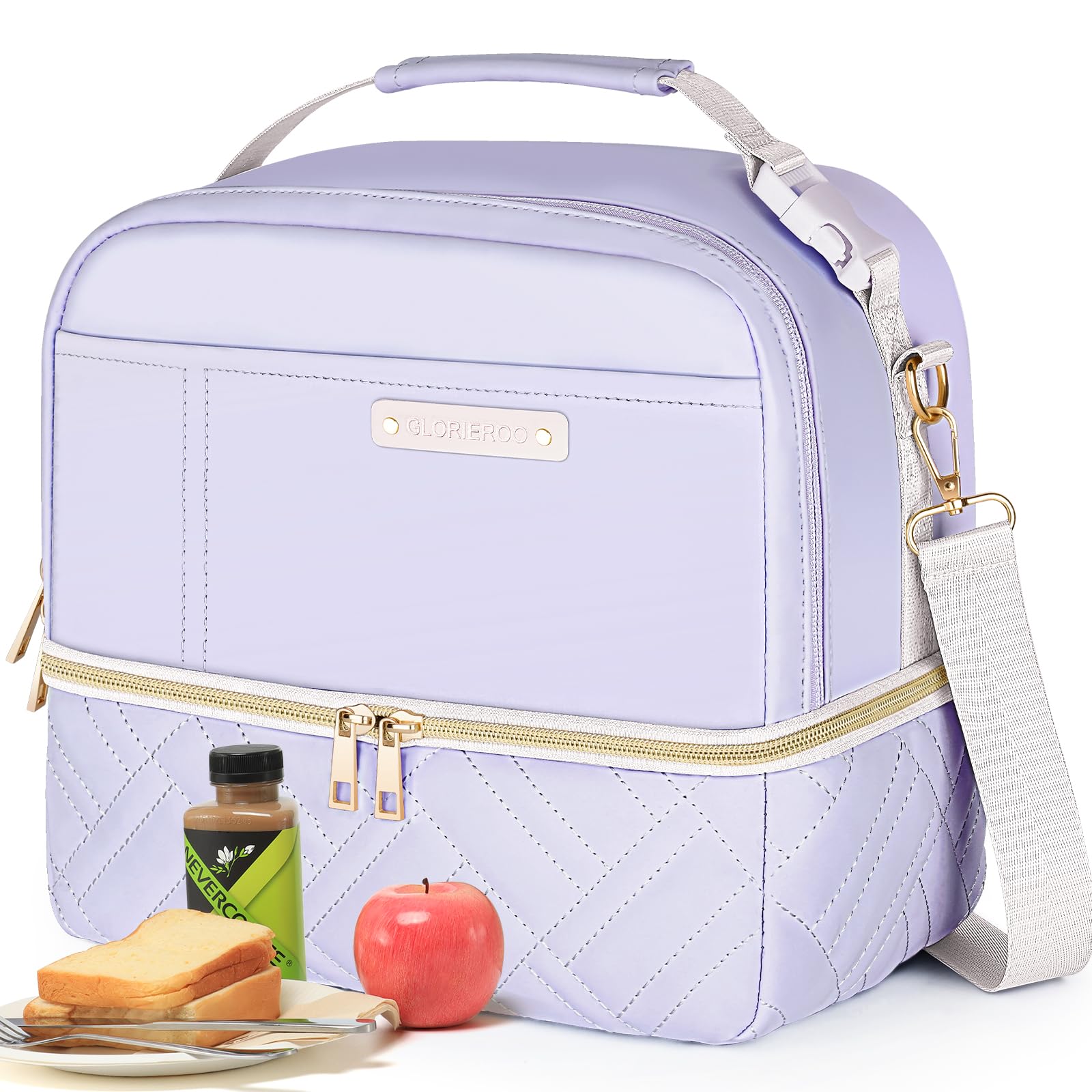 Hihealer 2 Tier Lunch Bag 26x16x26cm Women with Stylish Vegan Leather - Large Leakproof Insulated Cool Bag with Removable Adjustable Strap for Work Picnic, Christmas Gifts for Women (Lavender Purple)