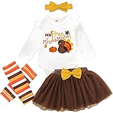 VICUECY My First Thanksgiving Baby Girl Outfit Fall Clothes Ruffled Long Sleeves Romper Tutu Dress Headband 3Pcs 0-18 Months