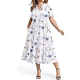 IN'VOLAND Women Plus Size Summer Dresses V Neck Short Sleeve Midi Dress with Pockets Flowy A-line Tiered Beach Sundress 1X-5X