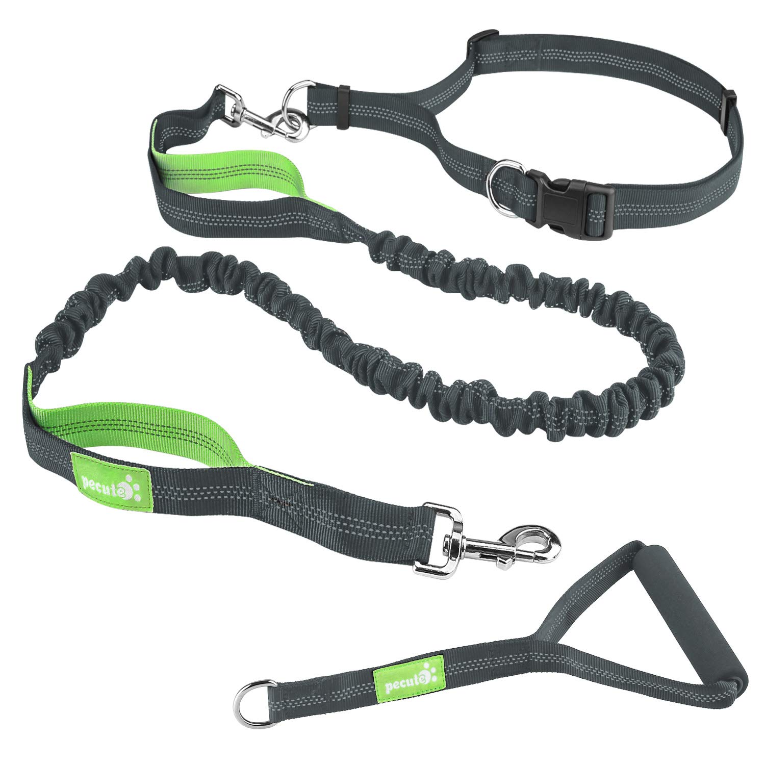 Pecute Hands Free Dog Leash with Extra Foam Handle - Extendable Bungee with Reflective Stitching - Waist Belt Adjustable Fits up to 48” Waist - For Jogging, Running, Hiking (Grey and Green)