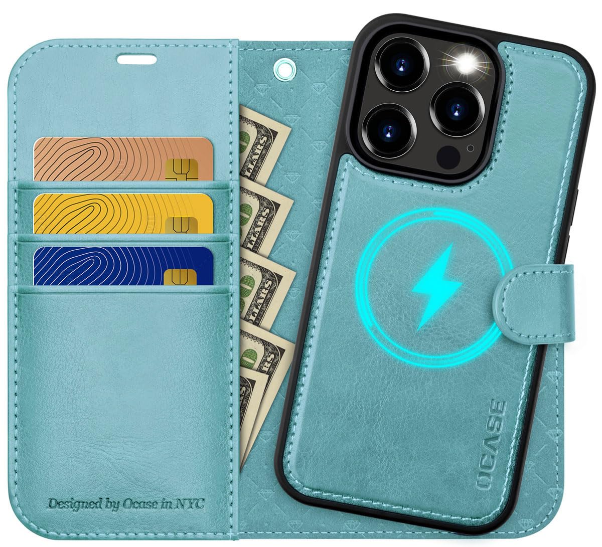 OCASE for iPhone 15 Pro Detachable Case, Magnetic Removable 2 in 1 Flip PU Leather Wallet Case with[Kickstand][RFID Blocking][Card Holder] Shockproof Phone Cover,Ice Blue — image 1