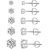 MDFUN 18K White Gold/Yellow Gold Plated Screw Back Stud Earrings Set for Women and Men, 6 Prong Hypoallergenic Cubic Zirconia Studs Earrings Pack of 5 Pairs, 3-7mm