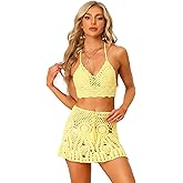Allegra K Women's 2 Pieces Bikini Set Hollow Out Cami Top Mini Skirt Summer Beach Crochet Knit Sets