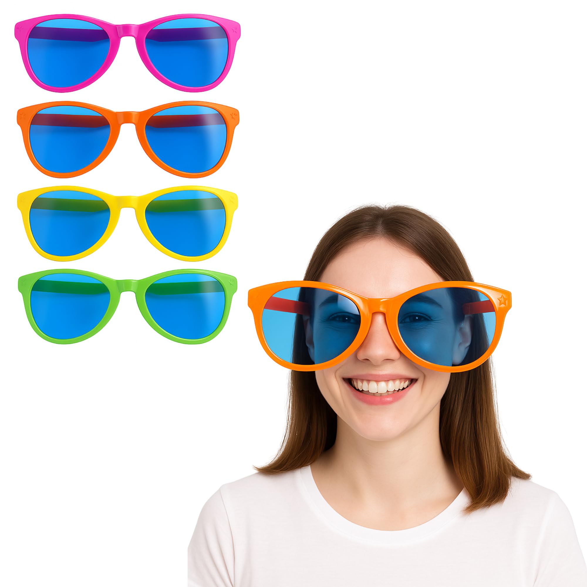 FNA FASHIONS 4-Pcs- 28cm Giant Novelty Joke Sun Glasses Set - Neon Pink, Orange, Yellow & Green Colours for Ultimate Fun