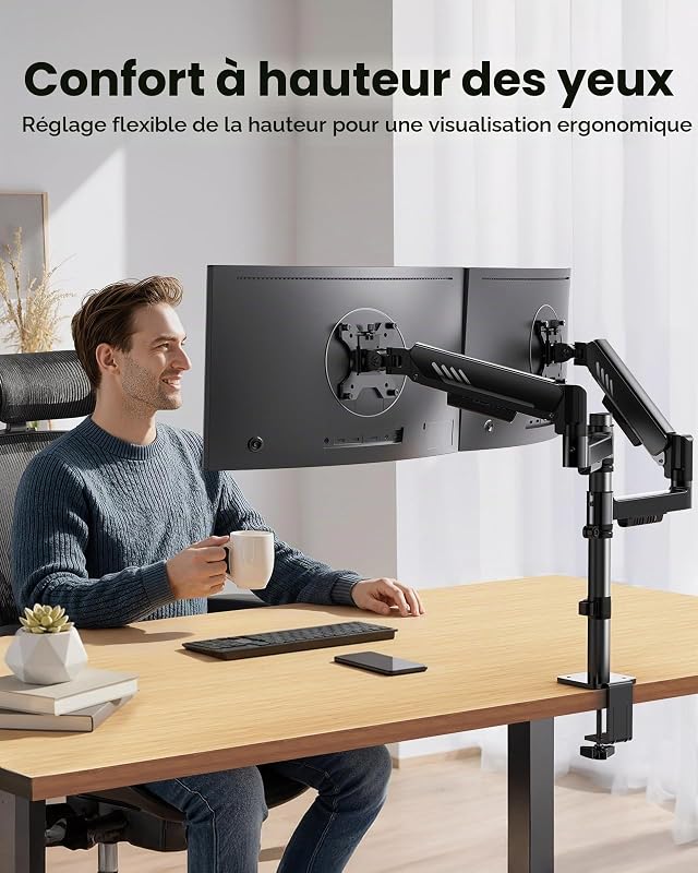 Support Ecran PC, Support Empilé pour Écrans 13 à 32 Pouces, 9 kg par Bras, Stabilité Améliorée avec Pince en C Intégrée, Gestion Câbles Améliorée, VESA 75 x 75/100 x 100 mm, Noir