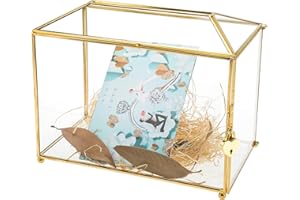 HighFree Glass Wedding Card Box with Slot & Lock, Handmade Copper Gold Geometric Terrarium, Clear Display Box for Wedding Rec