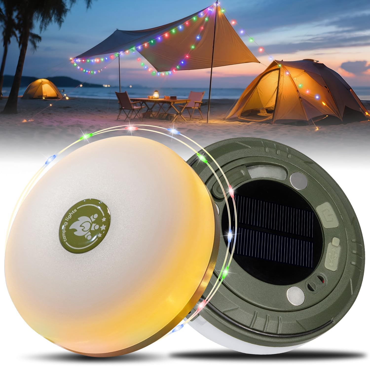 Hiromeco 2-in-1 Solar Camping Lights String: 5 Modes IP65 Waterproof - 1200mAh Battery USB/Solar Charging for Outdoor Tents RV Hiking - Backyard Party Decor - 29.52ft Image