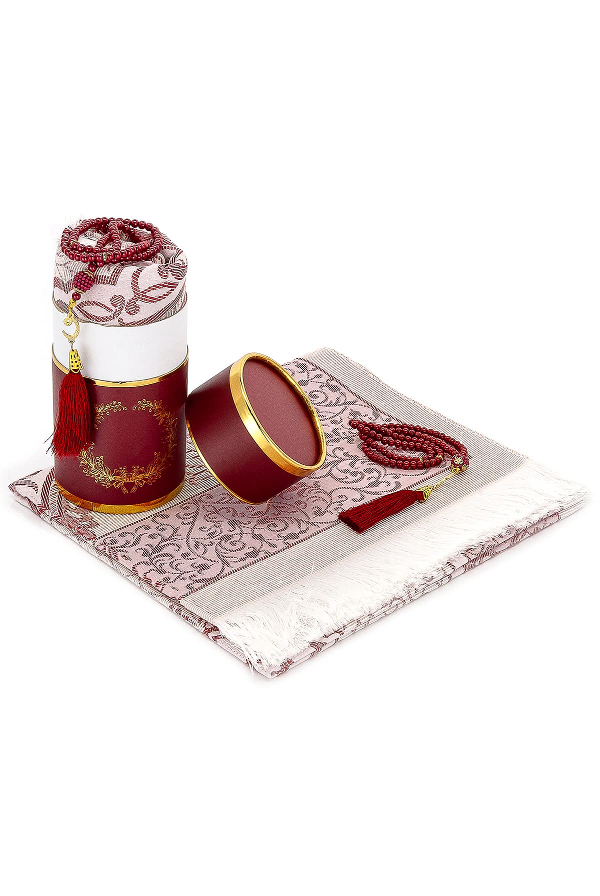ihvan online Muslim Prayer Rug and Prayer Beads with Elegant Design Cylinder Gift Box, Janamaz, Soft Sajadah, Islamic Gifts Set, Portable Prayers Carpet Mat, Taffeta Fabric, Burgundy