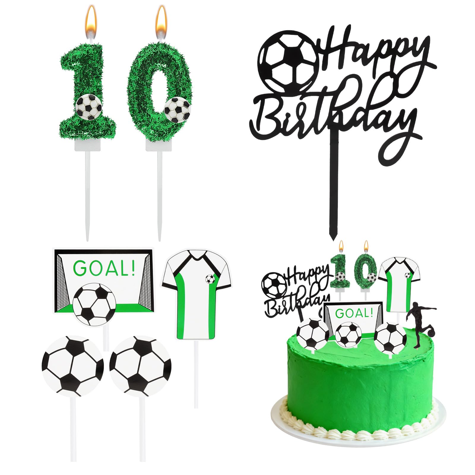 DAWRIS Football 10th Birthday Candles Cake Toppers, Green Number 10 Candle with Soccer Candles Toppers, Boys 10th Birthday Decorations and Football Cake Decorations for Soccer Themed Party