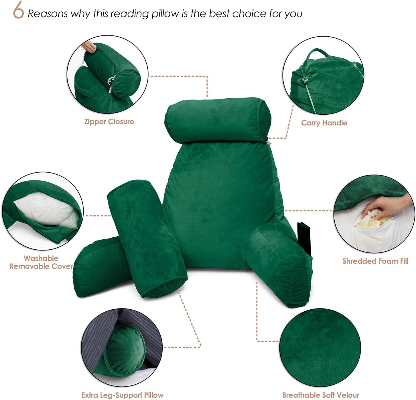 Clara Clark Bed Rest Reading Pillow with Arms and Pockets Premium Shredded Memory Foam, Detachable Neck Roll & Lumbar Support, Large, Hunter Green: Home & Kitchen