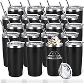 YOUKE OLA 20 Pack Stainless Steel Tumbler Bulk Insulated Vacuum Travel Mug with Straws Powder Coated Coffee Mug Gift for Laser Engrave, 20oz Black
