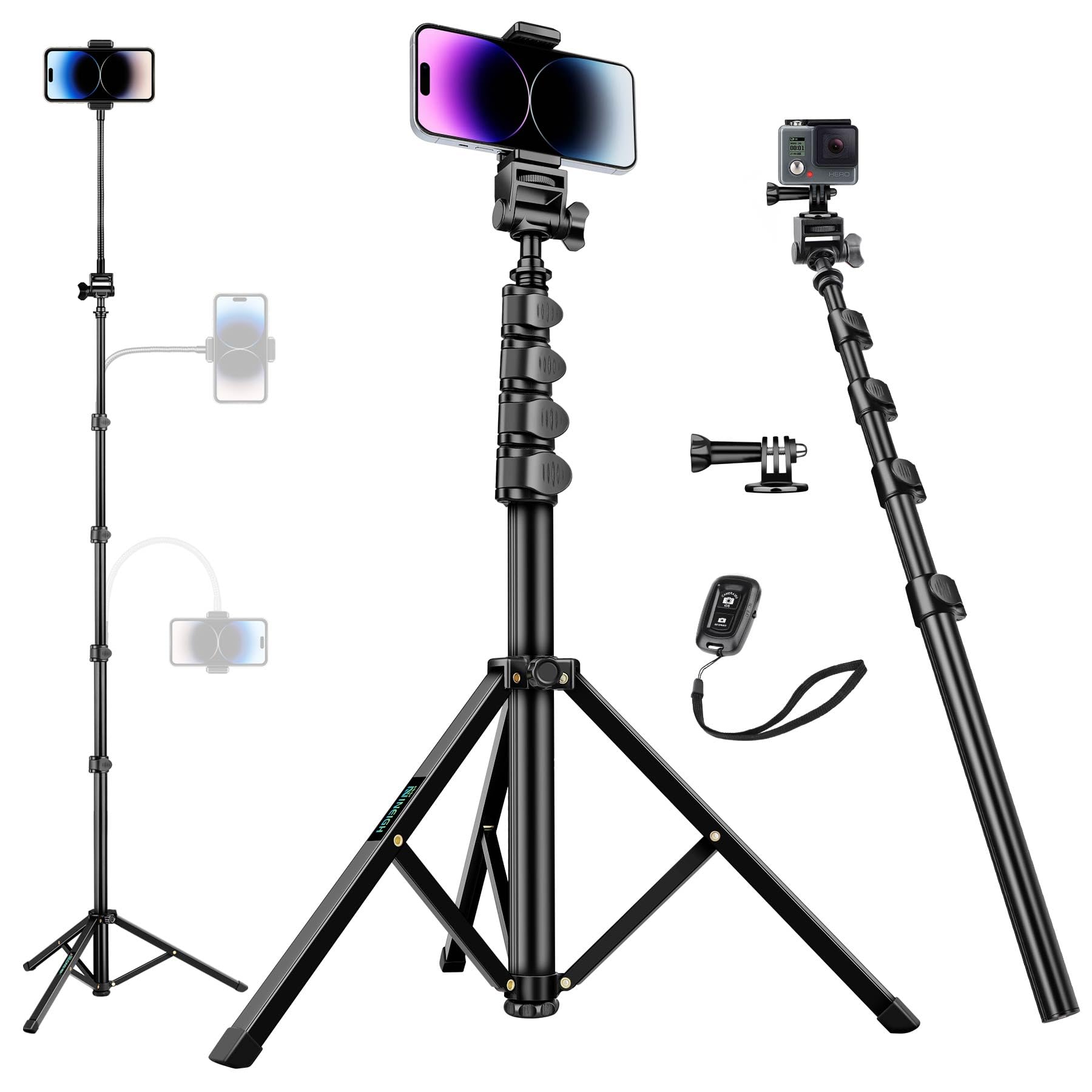 Photo 1 of Nineigh 80" Phone Tripod, Selfie Stick Cellphone Tripod, Aluminum Tripods Stand for Video Photo Vlog, Travel Tripods with Gooseneck Remote Phone Holder, Compatible with iPhone Android Smartphone