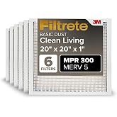 Filtrete 20x20x1 Air Filter, MERV 5, MPR 300, 6 HVAC Filters | Basic Dust &amp; Lint, 3-Month AC/Furnace Filters, Cleaner Air, Reliable Airflow, (Act. Size 19.69x19.69x0.81 in)