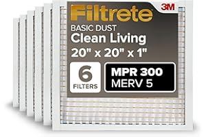Filtrete 20x20x1 AC Furnace Air Filter, MERV 5, MPR 300, Capture Unwanted Particles, 3-Month Pleated 1-Inch Electrostatic Air Cleaning Filter, 6-Pack (Actual Size 19.69x19.69x0.81 in)