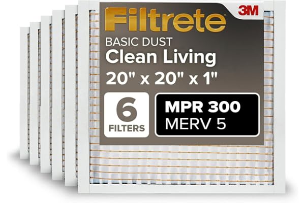 Filtrete 20x20x1 Air Filter MERV 5, 6-Pack AC Furnace HVAC, MPR 300 Basic Dust Defense, Pleated Electrostatic, Removes Lint