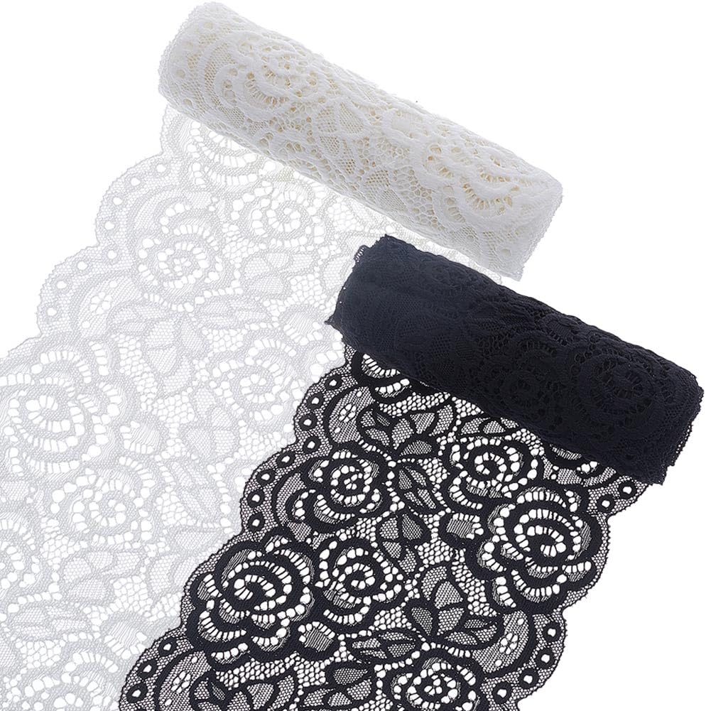 GORGECRAFT 15cm Wide 4 Yards 2 Colors Stretch Flower Lace Trim Wavy Edge Elastic Nylon Lace Ribbon Web Craft Fabric Scallop Headband Embroidery Crochet Edging for Wedding Decor Sewing Hair Bow