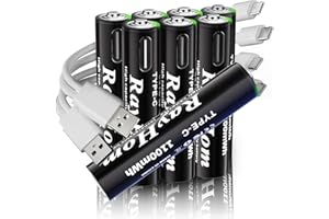 RayHom USB Rechargeable Lithium Batteries AAA - 8-Pack Triple A Batteries, Rechargeable AAA Li-ion Battery with 2 USB-C 2-in-1 Charging Cable, 1.5V 1100mWh, Charges 1.5 Hours, Over 1000+ Cycles