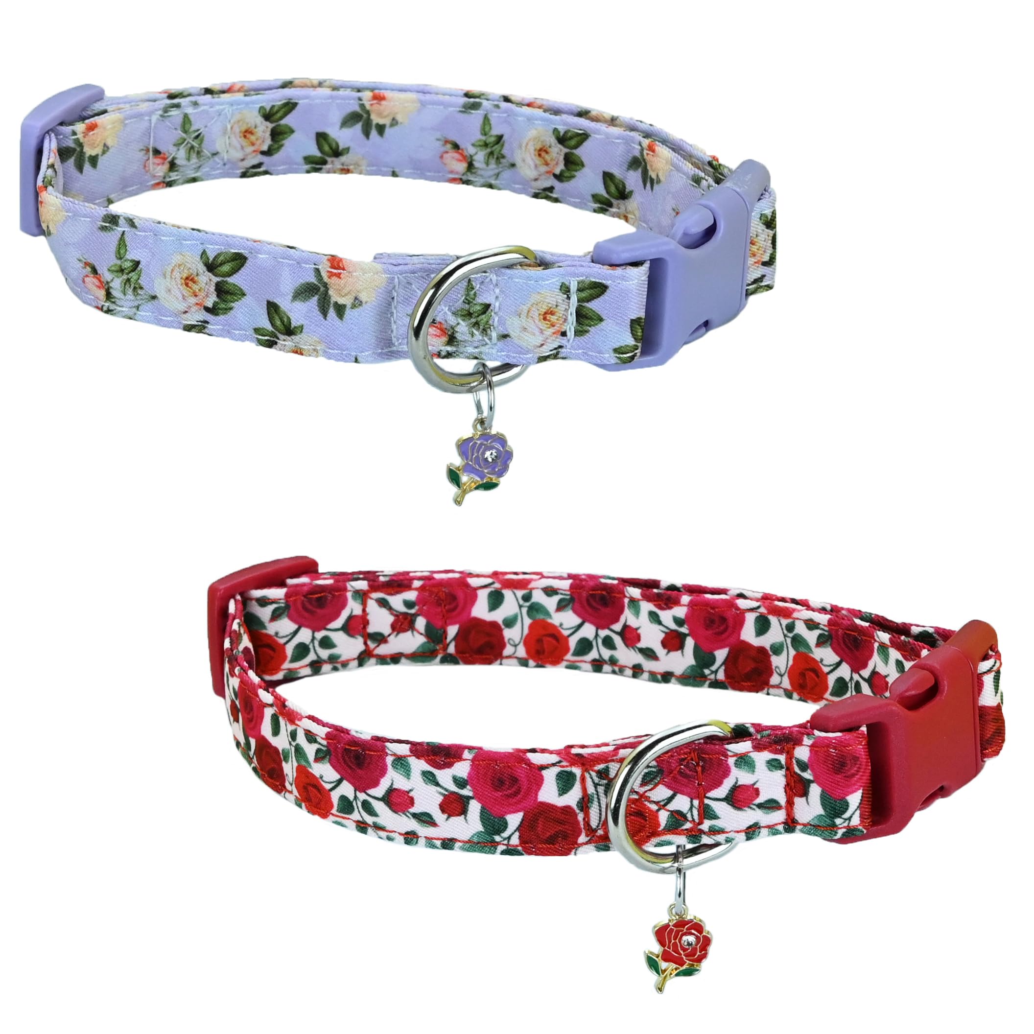 Newtensina Fashion 2 Pieces Flower Pattern Dog Collar with a Flower Pendant for Medium Dogs Large Dogs - RedPurple - M