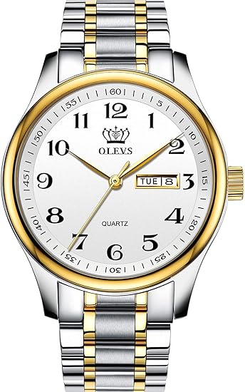 Amazon Olevs レディース メンズ 腕時計 アナログ Lサイズ 読みやすい腕時計 ゴールド シルバートーン ステンレススチールバンド 防水 曜日日付 メンズ腕時計 シルバー ゴールドの時計バンド ホワイトの文字盤 メンズ腕時計 腕時計 通販
