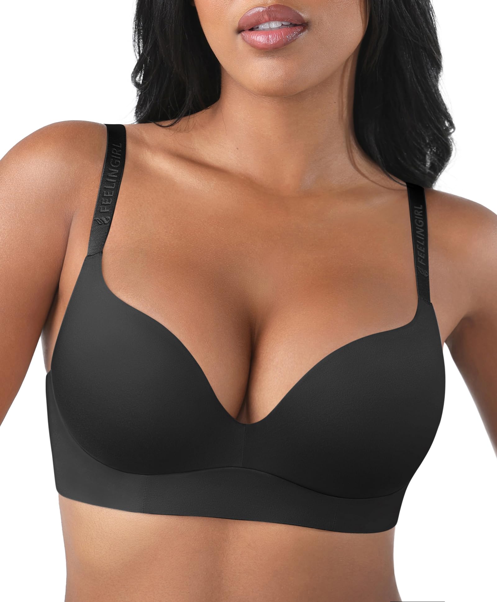 Photo 1 of FeelinGirl Wireless Bras with Support and Lift Pushup Tshirt Bras for Women Full Coverage Seamless Bralette Black 34B
