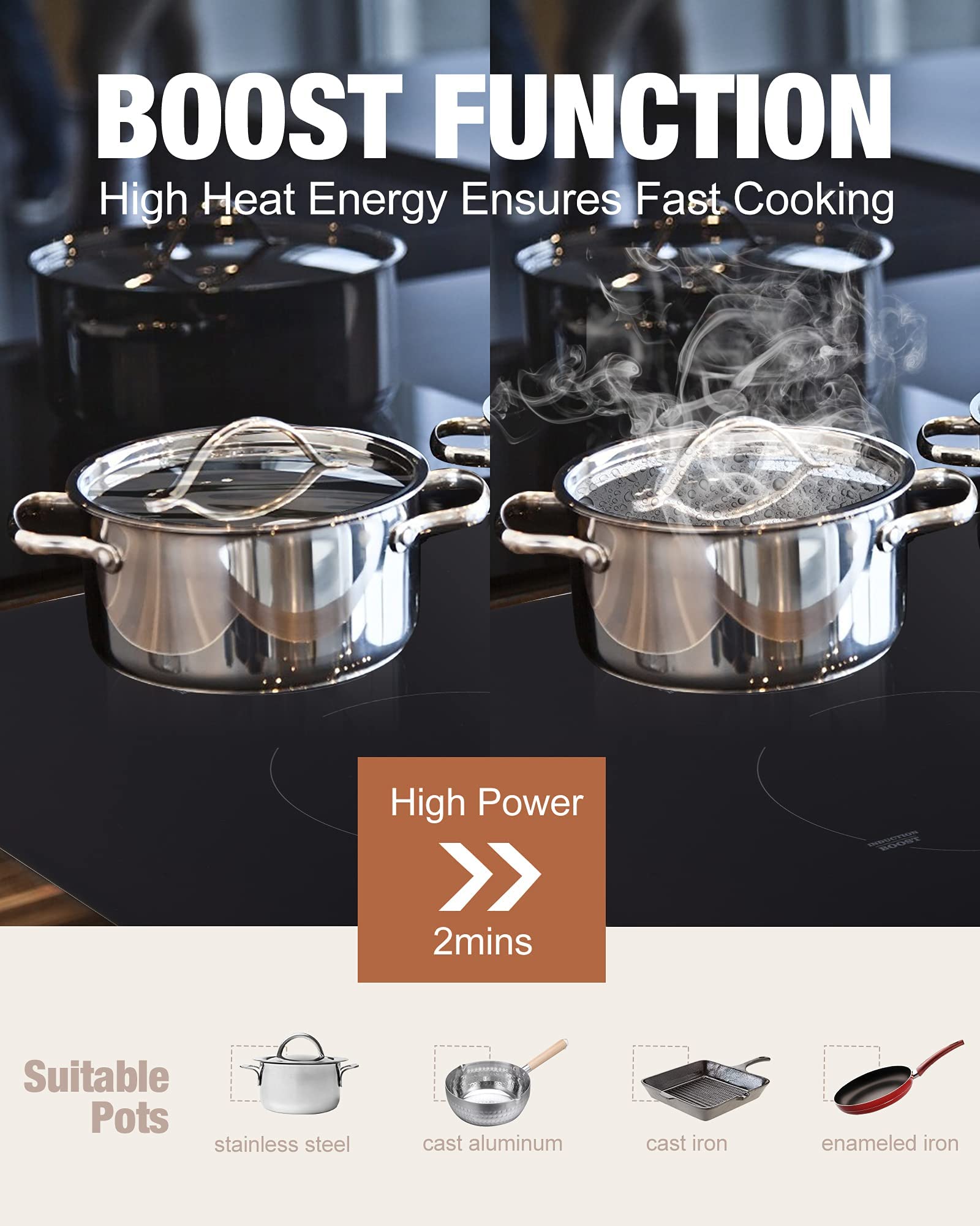 12 Inch Induction Cooktop 2 Burners Built-in Electric Stove top Boost Electric Hob Cooktop with 9 Power Levels, Child Safety Lock,Timer, 220-240V