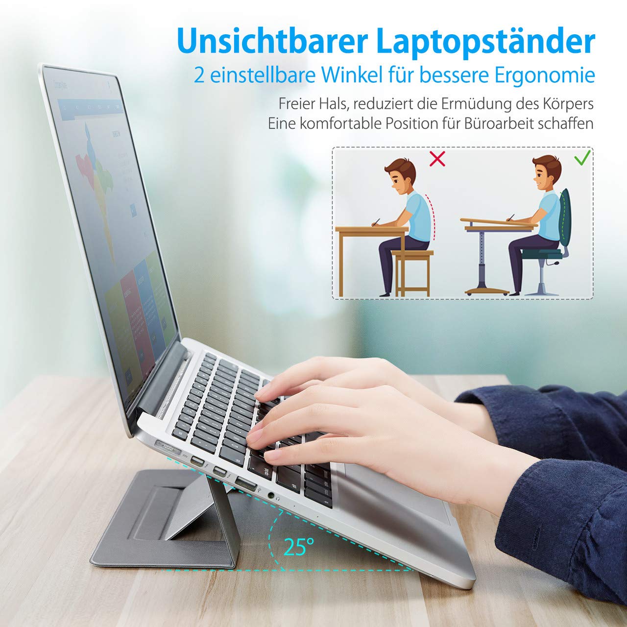 POWERADD unsichtbarer Laptopständer Invisible Notebook Ständer verstellbar, Tragfähigkeit bis 10kg, ideal für unterwegs, grau