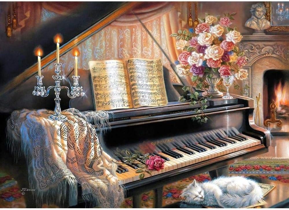 DIOPCCE Jigsaw Puzzle 1000 Piece Cat Piano and Candle Adult Puzzle DIY Kit Wooden Puzzle Modern Home Decor Unique Gift