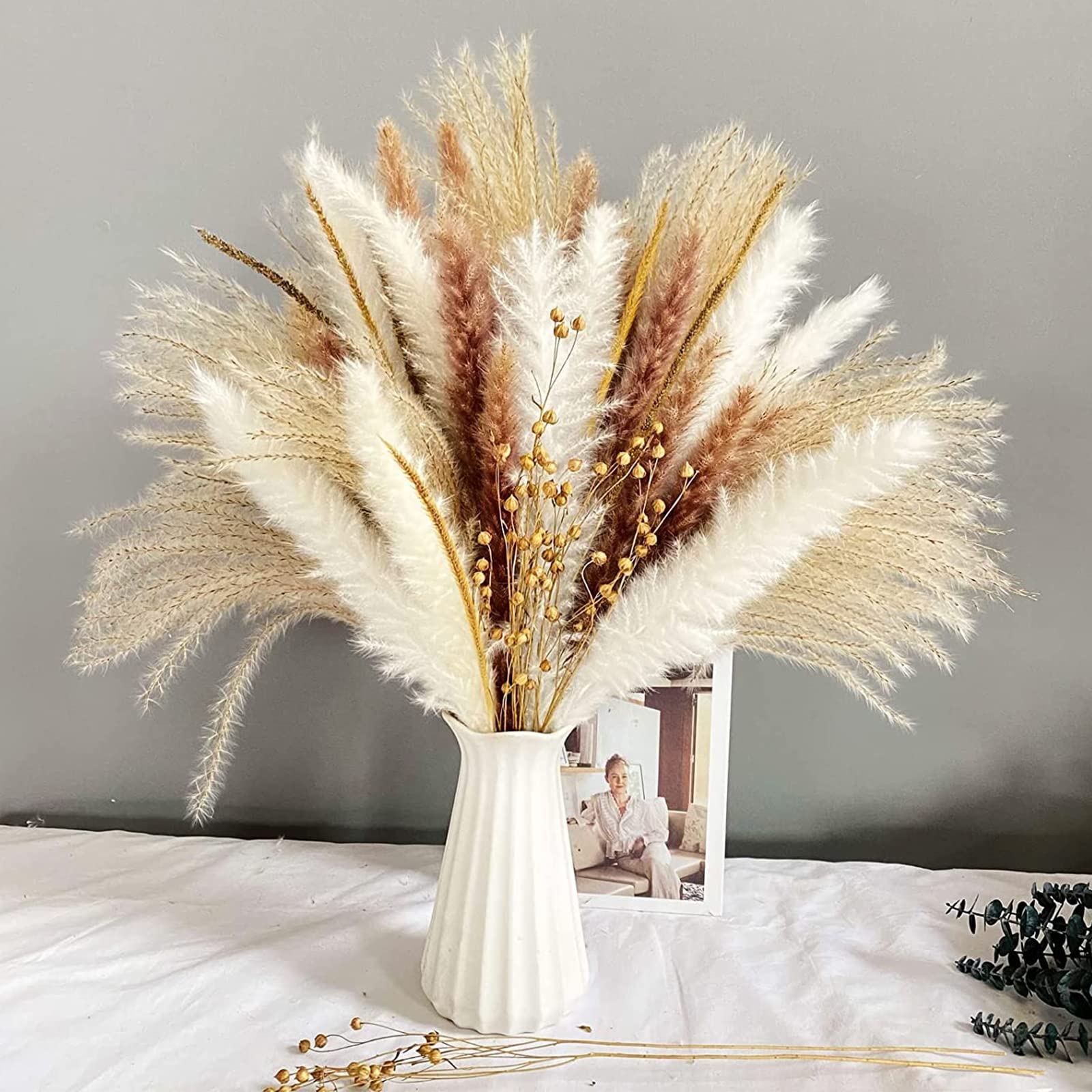 90Pcs Natural Dried Pampas Grass Bouquet for Home Decor - Fluffy Artificial Phragmites Dried Flowers - DIY Boho Plant for Floral Arrangements and Decorations