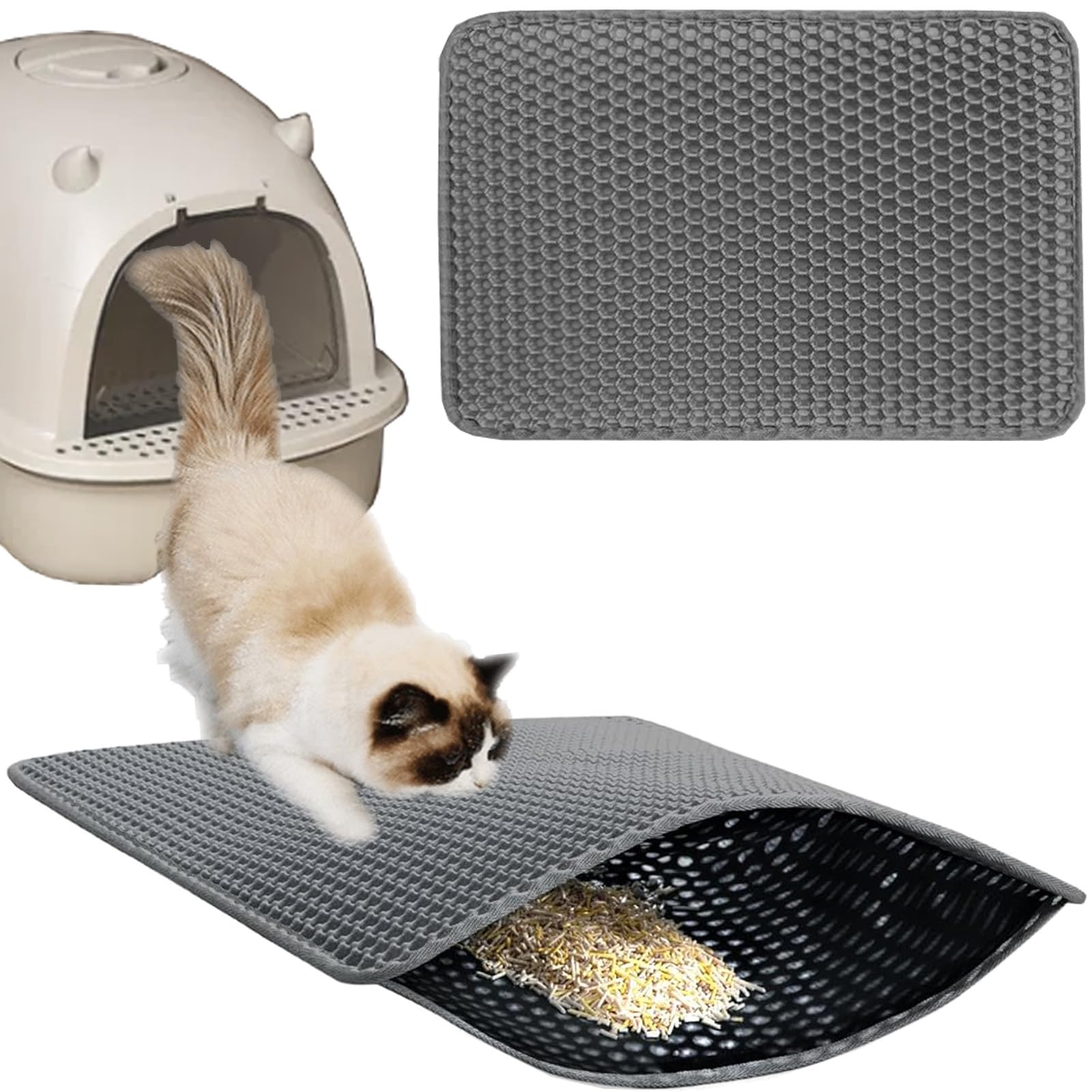 猫用トイレマット 猫砂取りマット 60x45CM 猫砂の飛び散り防止 蜂房の設計 マット 二重構造 砂取りマット 再利用可能 ペットキレイ 洗える 掃除簡単 EVA滑り止め 防水 マッサージ式 高耐久 (グレー)