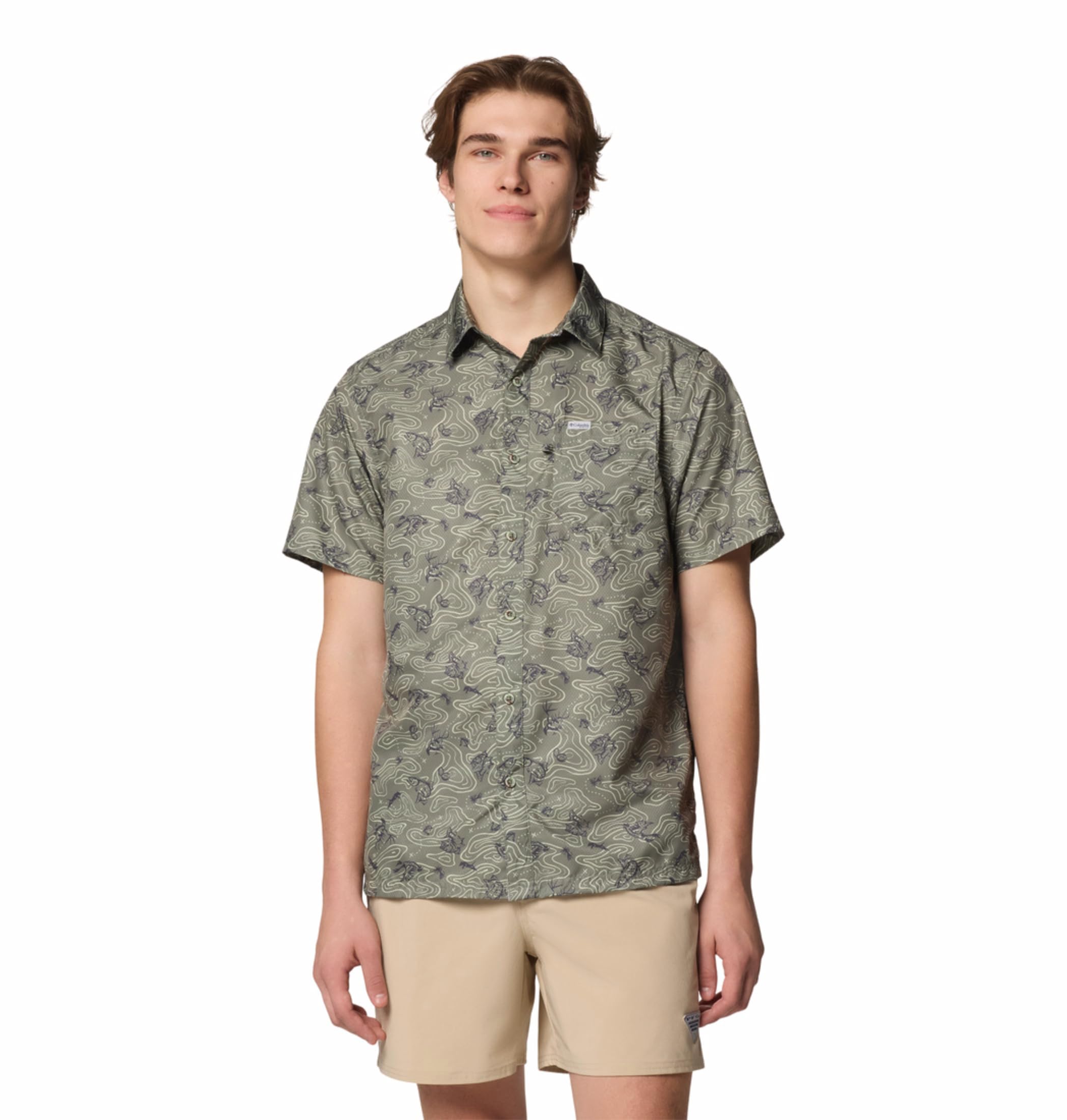 Columbia Mens PFG Super Slack Tide Camp Shirt, Cypress Gameplans, X-Large