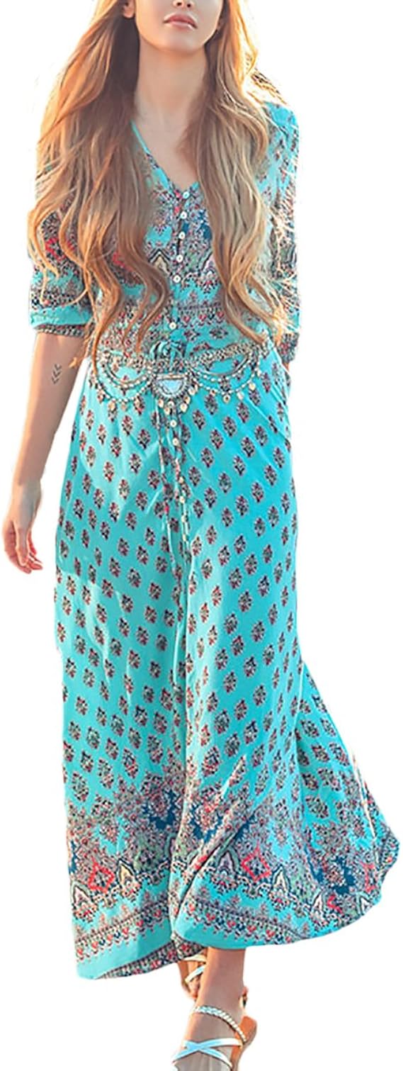 Abiti Donna Estivi Eleganti da Cerimonia Spiaggia Lunghi Stampa Vestitini Bohemian V Scollo