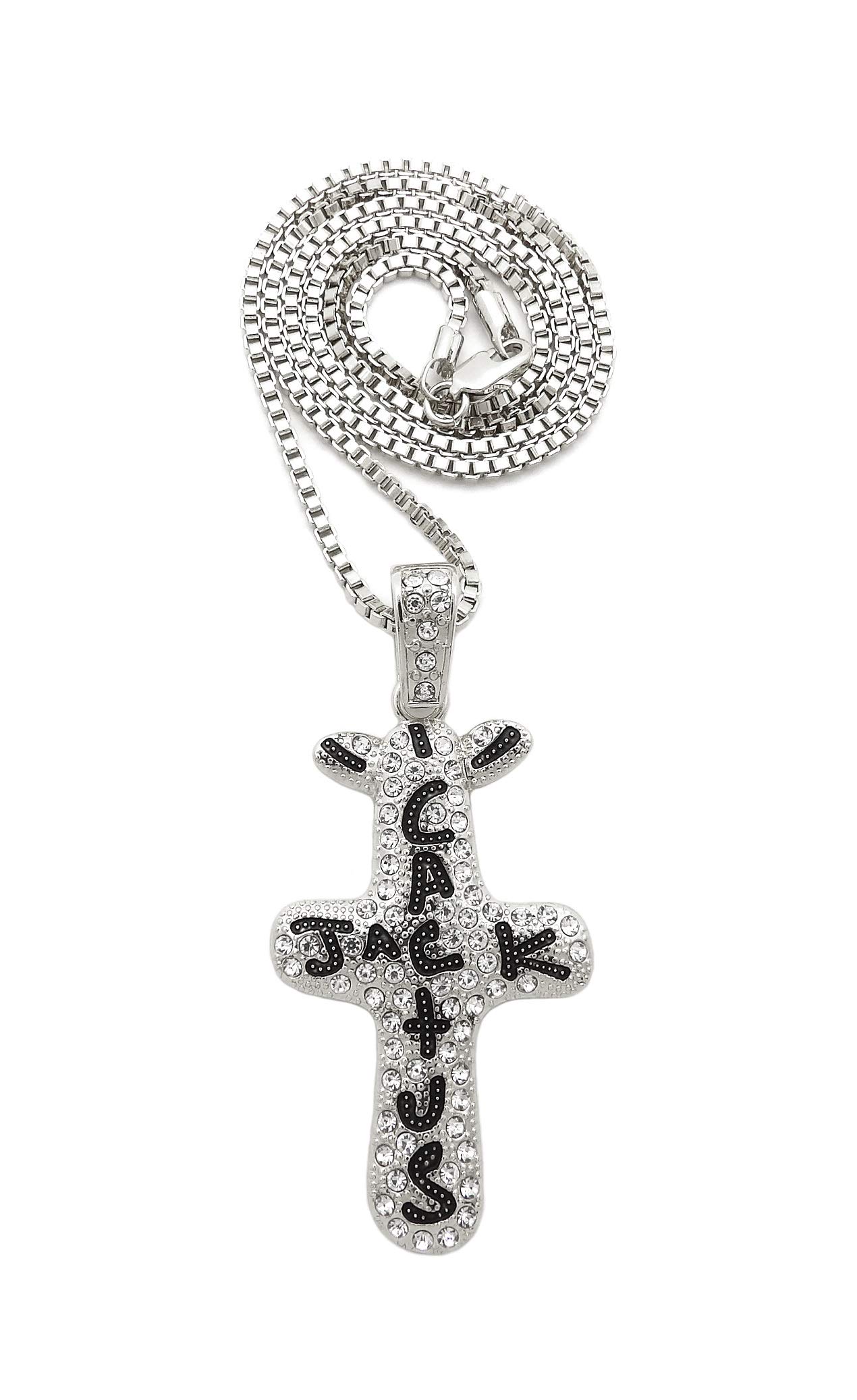 Hip Hop Rapper Style Iced White Gold Plated Cactus Cross Pendant & 2mm 24" Box Chain Fashion Necklace, WHITE GOLD PLATED OVER ALLOY, Cubic Zirconia