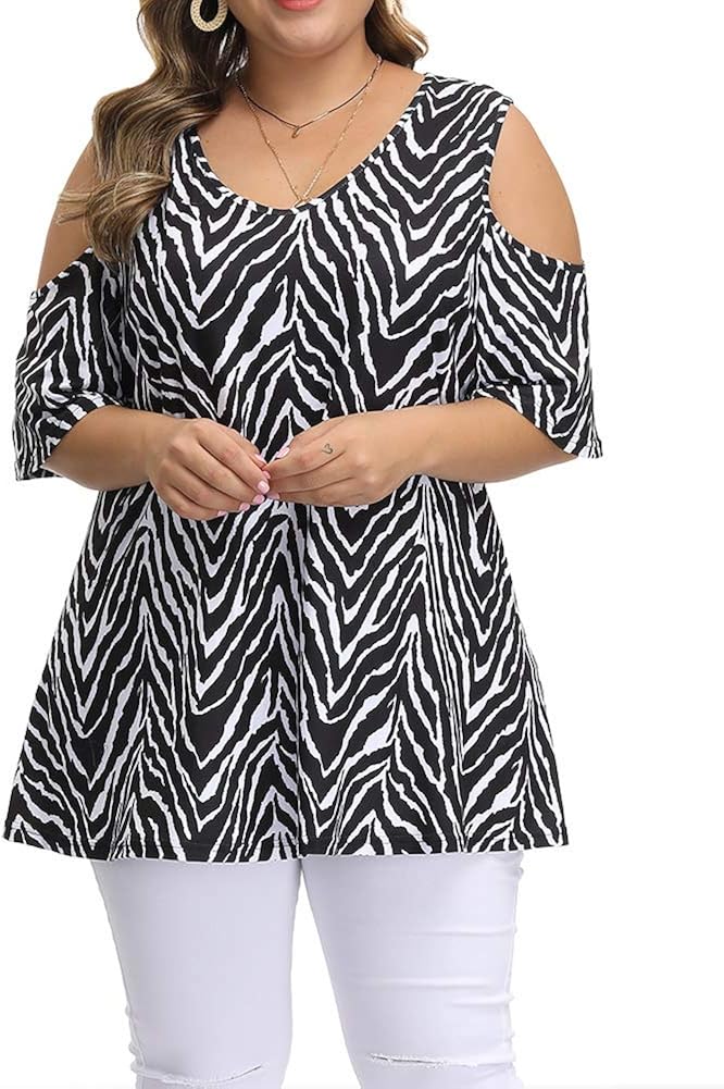 Allegrace Women's Plus Size Floral Printing Cold Shoulder Tunic Top Short Sleeve V Neck T Shirts at  Women’s Clothing store