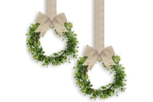 2 Pieces Faux Kitchen Cabinet Wreaths Boxwood Wreaths with Ribbon Artificial Green Leaves Wreaths Decorative Hanging Wreaths 