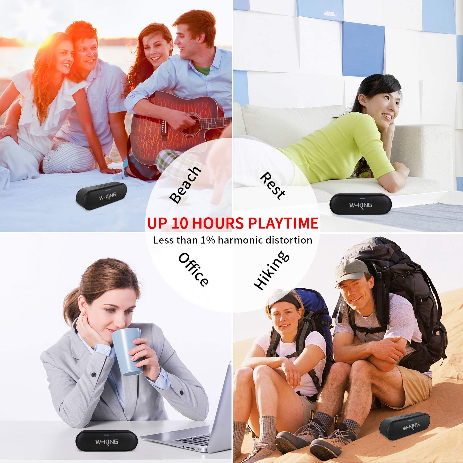 W-KING Bluetooth Speakers, 6W Portable Wireless Bluetooth Speaker with Rich Bass Loud Dual Stereo Sound IPX5 Waterproof Outdoor Speaker, Built-in Mic Perfect for Beach, Party, Dance (Black)