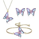 Crysdue Sparkling Cubic Zirconia Butterfly Necklace Stud Earrings Adjustable Slider Bracelet Jewelry Set, Birthday/Valentines/Mothers Day/Christmas Jewellery Gift for Women