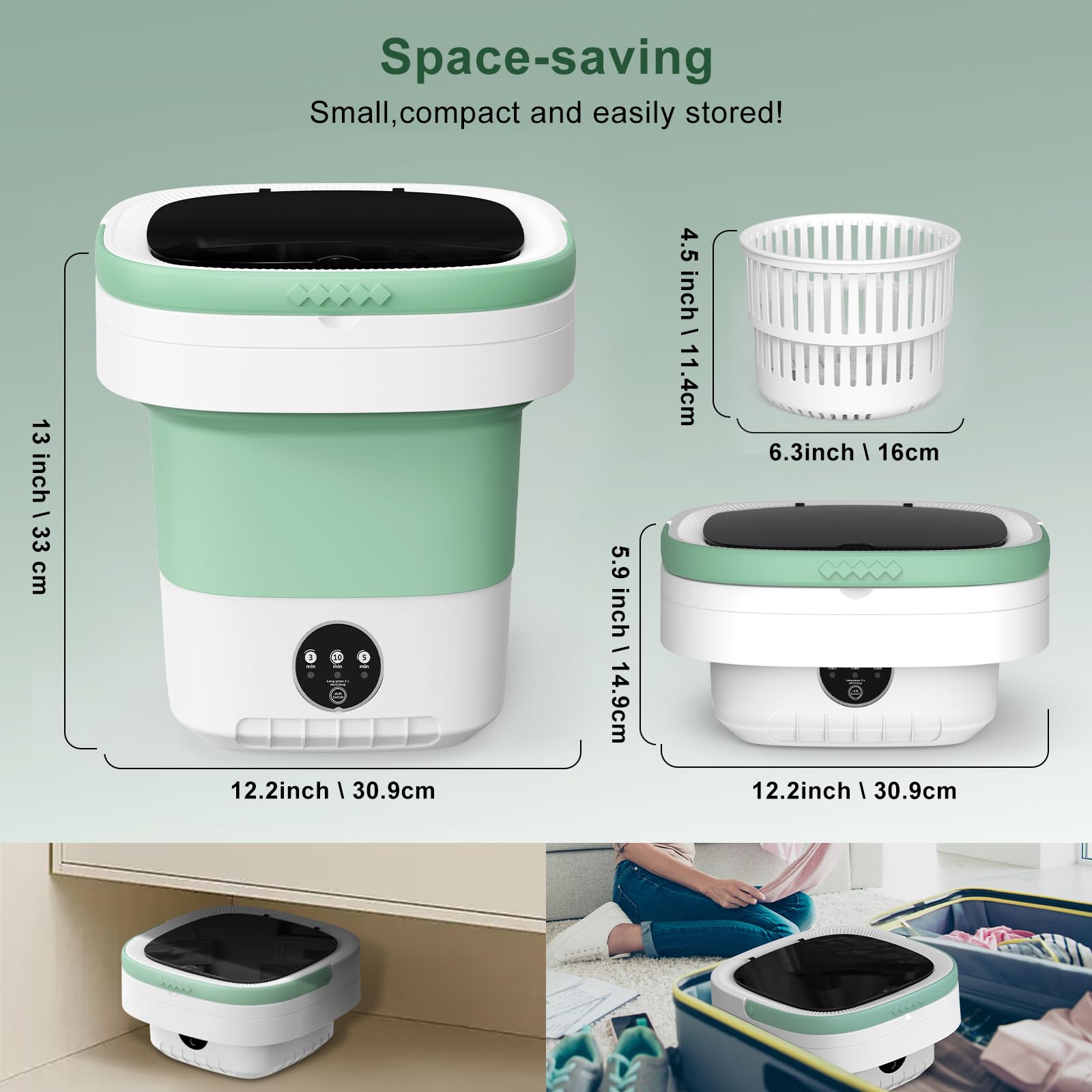 Portable Washing Machine, 12L Upgraded Mini Washing Machine With Spin Basket, Foldable Washer Cleaning for Underwear, Baby Clothes Socks and Small Items, Small Washer for Apartments, Dorm,RV (Green)
