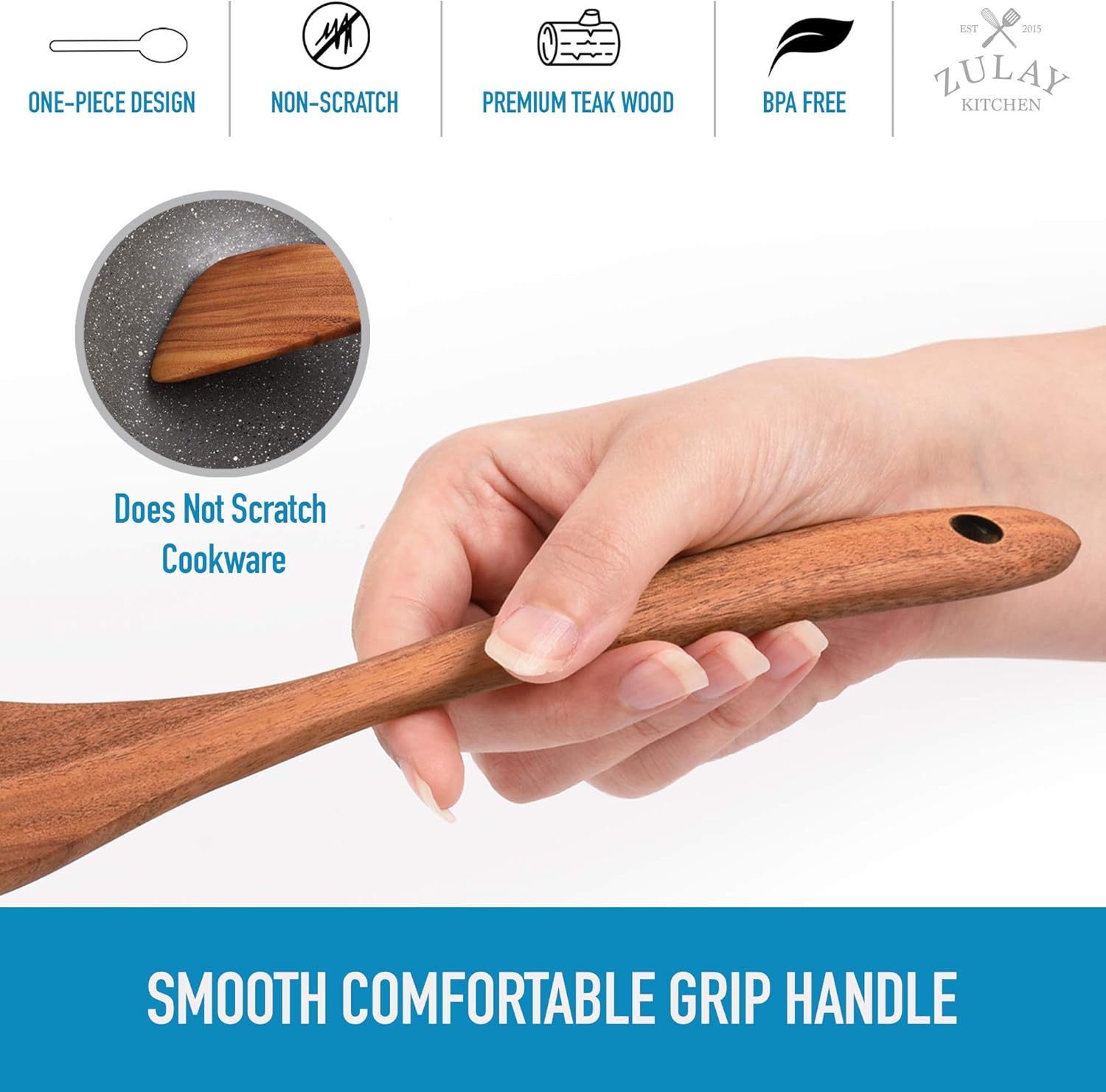 Zulay Kitchen (6 Pc Set) Wooden Utensils For Cooking - Non-Stick Soft Comfortable Grip Wooden Cooking Utensils - Smooth Finish Teak Wooden Spoon Sets For Cooking: Kitchen & Dining