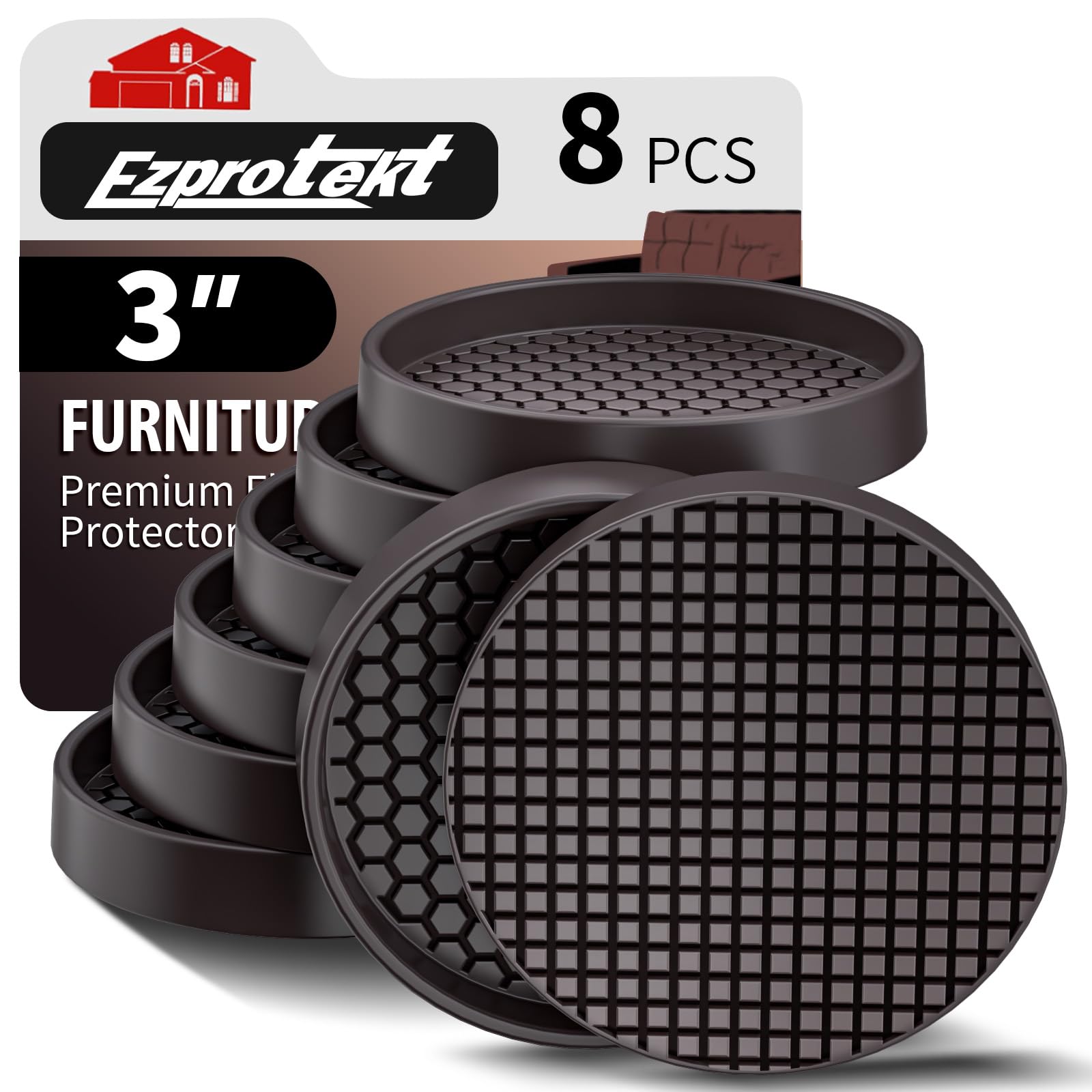 Ezprotekt 3" Non Slip Furniture Pads for Hardwood Floors - 8 PCS Square Rubber Non Skid Furniture Caster Cups, Anti Slide Floor Protectors for Bed, Couch