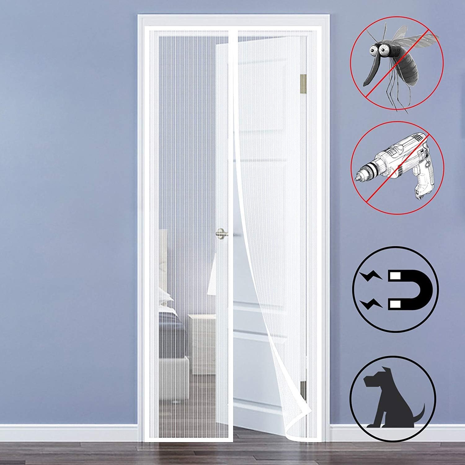 Magnetic Screen Door with Super Tight Self Closing Magnetic Seal and Durable Polyester Mesh, Full Frame Mounting Tape, Fits 36"W x 82"H Door, Black Trim Magnet Curtain & Mosquito Screen (White-1)