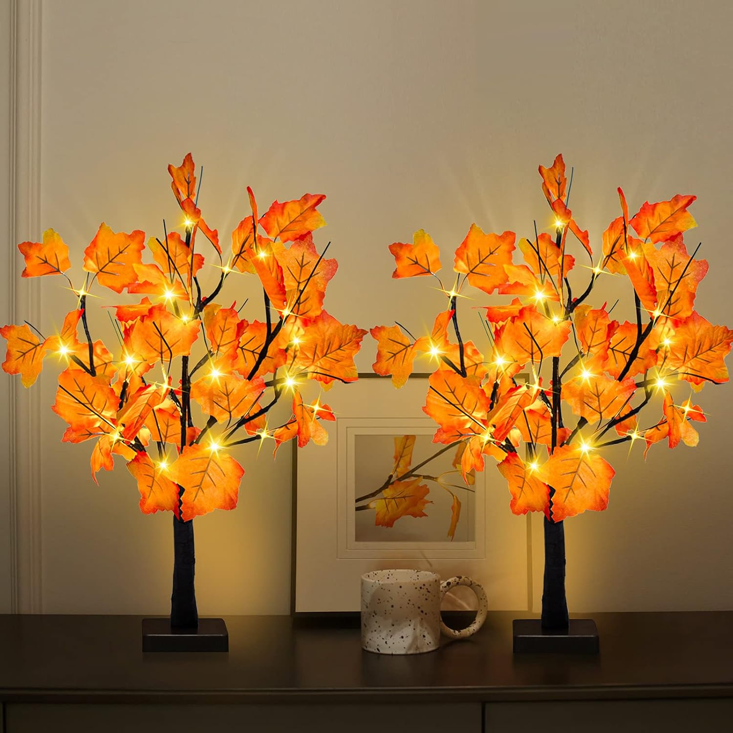 Trees - 2 Pack 24-inch Fall Lighted Maple Tree, 48 LED Lights, Thanksgiving Decoration Table Tree, Battery Operated DIY Artificial Tree, Centerpieces Decor Tree for Home Desktop Autumn Harvest Tabletop Indoor