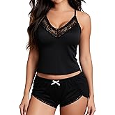 Tidouk Sexy Pajama Set for Women Lace Trim V-Neck Sleepwear Cami Shorts Soft Lounge Sets