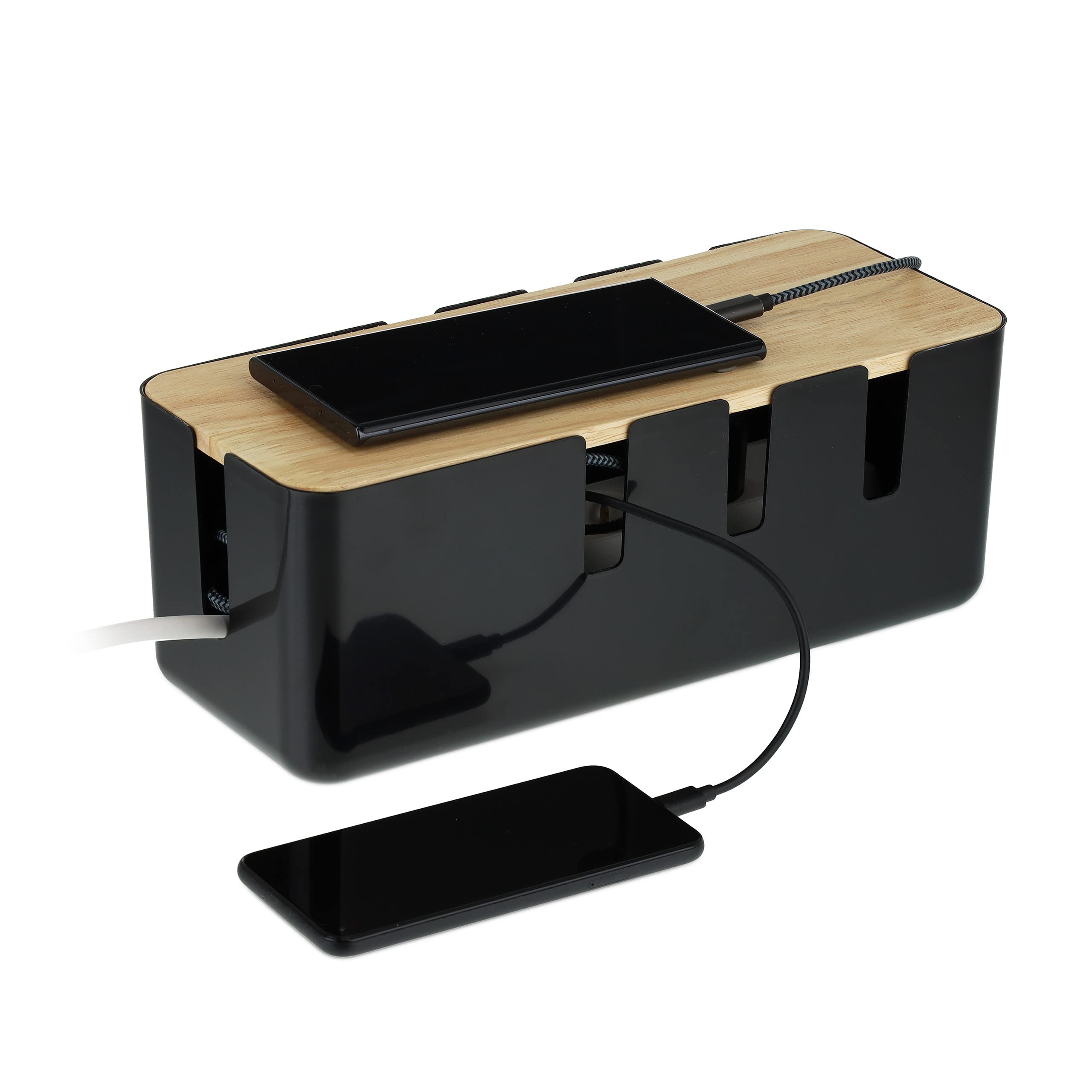 Relaxdays Cable Box, for 2 Socket Strips, Wooden Lid, Plastic, Hide, Organise Desk, HxWxD: 11.5 x 30.5 x 12.5 cm, Black