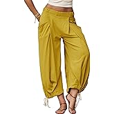 STURWBEZ Womens Baggy Wide Leg Pants Cotton Loose Elastic Waisted Lounge Harem Beach Palazzo Trousers with Pockets