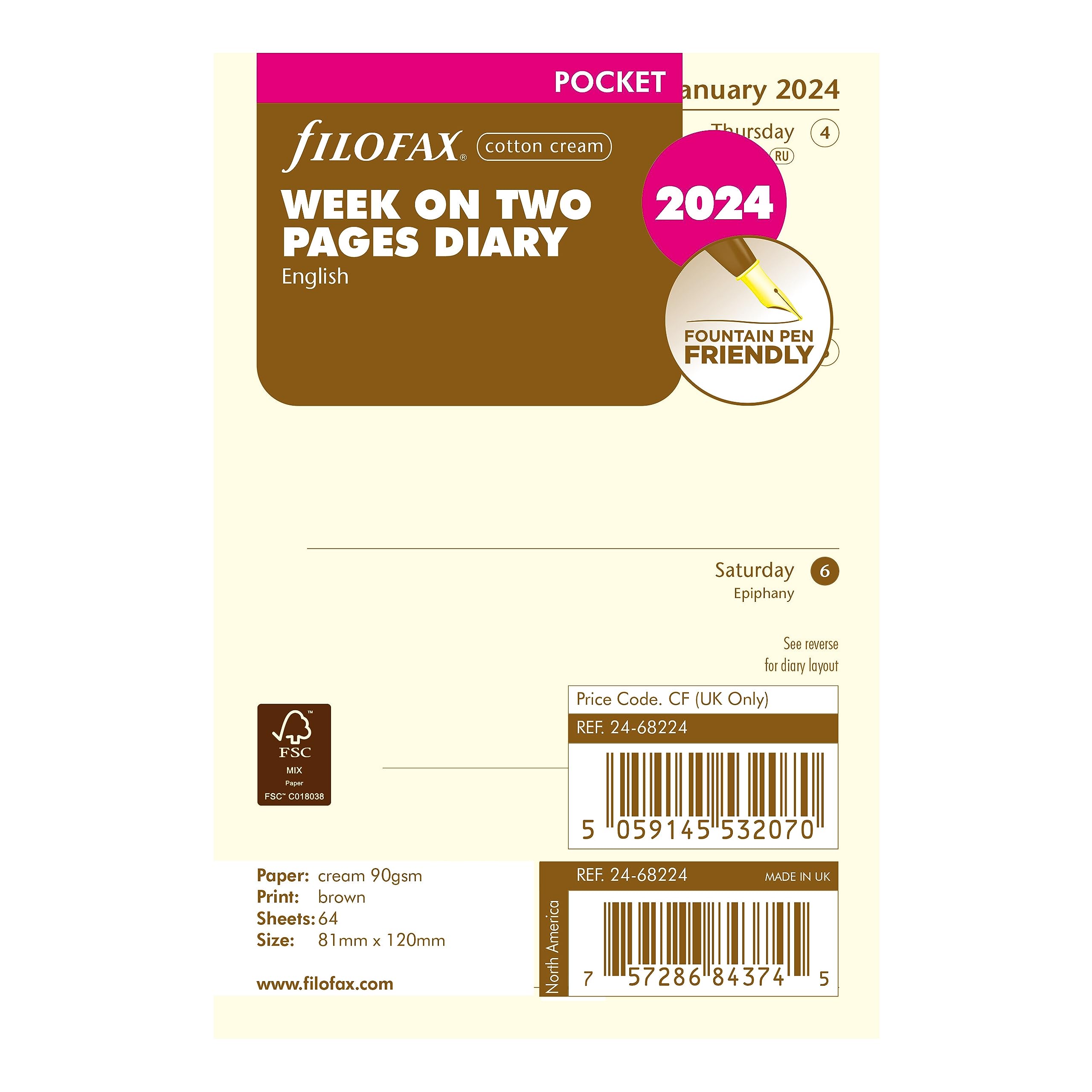 Filofax Calendar Diary Refill, Pocket Size, Week-to-View, Cotton Cream Paper, Unruled, English, 2024 (C68224-24)