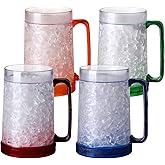 Easicozi Double Wall Gel Frosty Freezer Ice Mugs Clear 16oz Set of 4 (Blue, Red, Orange and Green)