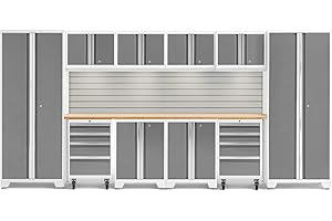 NEWAGE PRODUCTS INC. ‎NewAge Products Garage Storage Cabinets Bold 12 PC Set in White Include 2X 30 Locker, 4 Wall, 2 Rolling Tool Drawer, 2X Two-Door Base Cabinets, 2X 48 Bamboo Top, Backsplash, LED Lights, 56921