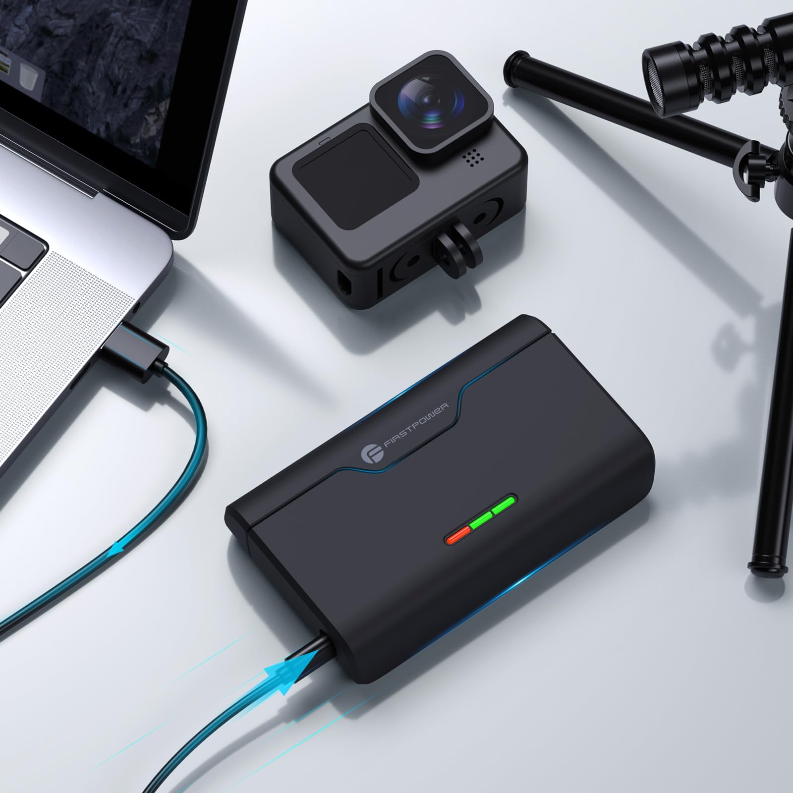 FirstPower 3-Channel USB Quick Charger for GoPro Hero 12/11/10/9/8/7/6/5 Battery with Type-C Cord and TF Card Storage, Fully Compatible with Original GoPro Battery